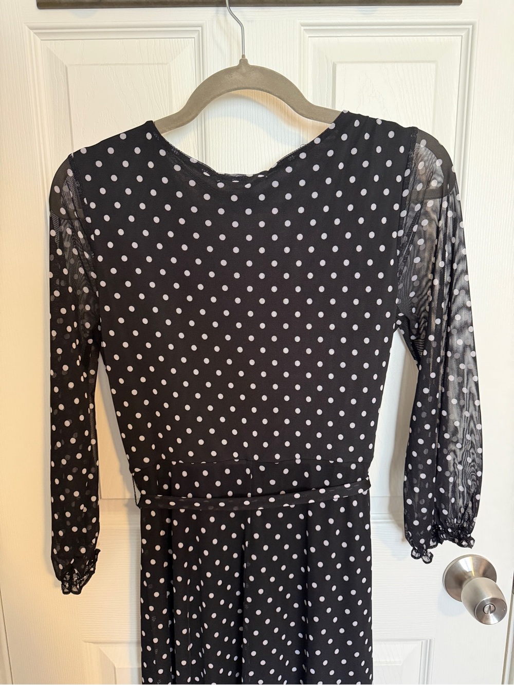 Harlow & Rose Black White Polka Dot Midi Dress Tie Waist Sheer Sleeve Size Small - Picture 7 of 8